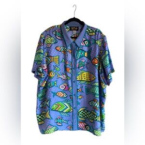 BOB MACKIE WEARABLE ART Colorful Fish 100% SILK Short Sleeve Button Up Top 3X